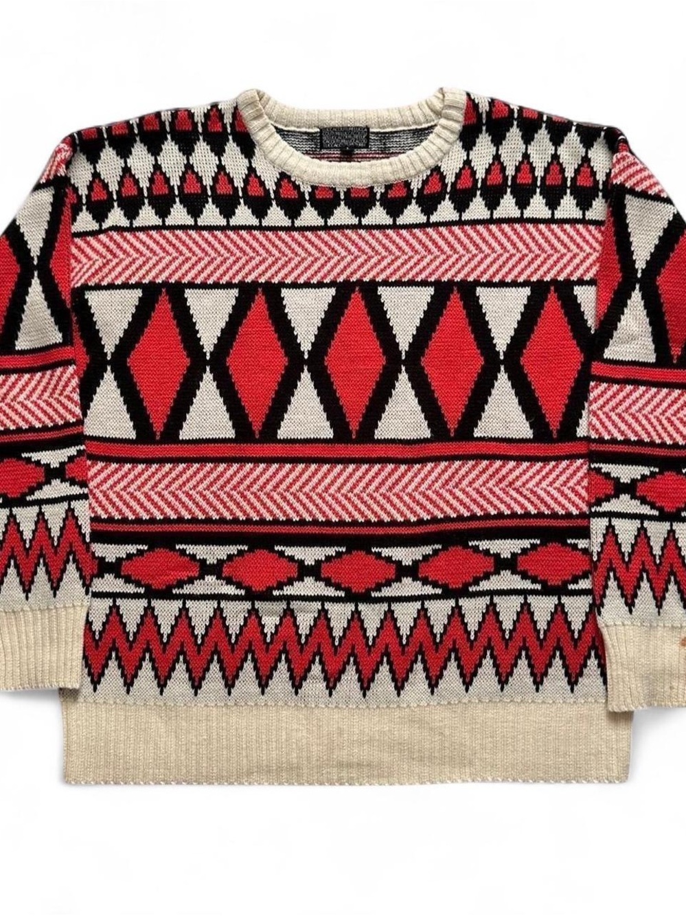 Women’s Lucca Couture Crewneck Geometric Pattern Sweater in Red and Cream L